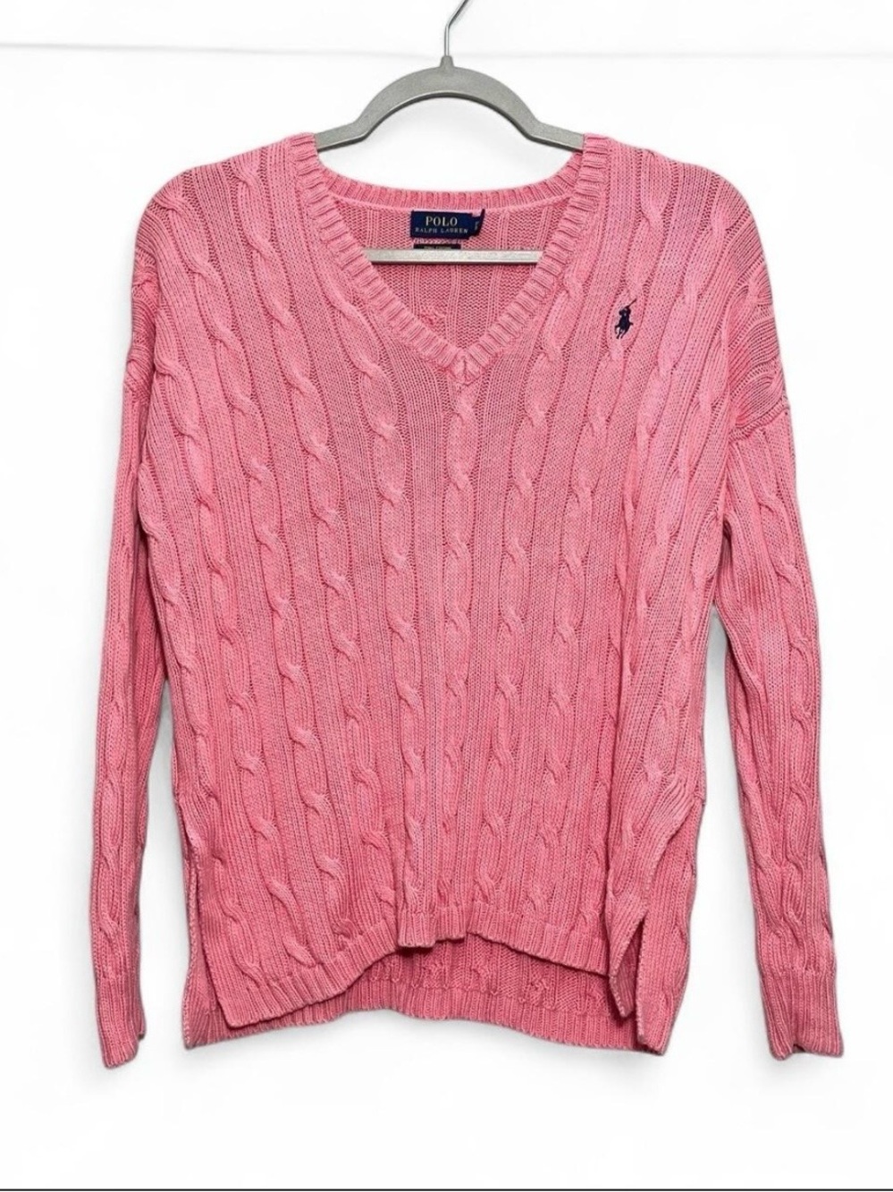 Polo Ralph Lauren Pink Pima Cotton Cable Knit Pullover V Neck Sweater XS Preppy